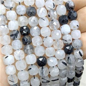 Natural Black Rutilated Quartz Beads Faceted Cube, approx 7-8mm