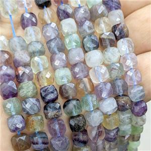 Natural Fluorite Beads Multicolor Faceted Cube, approx 7-8mm