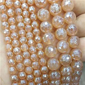 Natural Agate Beads Faceted Round Champagne Electroplated, approx 8mm