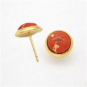 Red Dye Imperial Jasper Stud Earrings Copper Gold Plated, approx 10mm