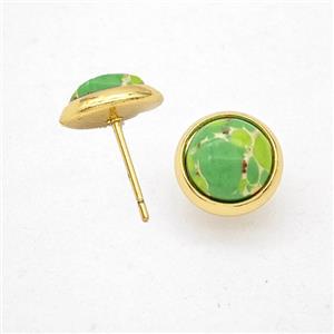 Olive Dye Imperial Jasper Stud Earrings Copper Gold Plated, approx 10mm