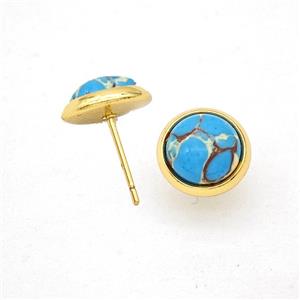 Blue Dye Imperial Jasper Stud Earrings Copper Gold Plated, approx 10mm
