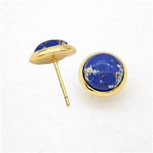 Royalblue Dye Imperial Jasper Stud Earrings Copper Gold Plated, approx 10mm