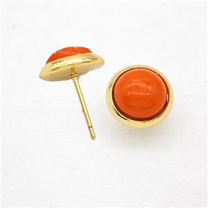 Orange Synthetic Turquoise Stud Earrings Copper Gold Plated, approx 10mm