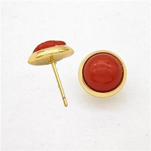 Red Synthetic Turquoise Stud Earrings Copper Gold Plated, approx 10mm