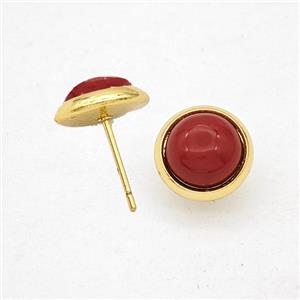 Red Agate Stud Earrings Copper Gold Plated, approx 10mm