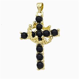 Copper Crown Cross Pendant Pave Black Obsidian Gold Plated, approx 20-25mm