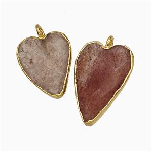 Natural Pink Strawberry Quartz Heart Pendant Faceted Gold Plated, approx 12-15mm