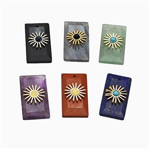 Mixed Gemstone Rectangle Pendant Paved Copper Sun Gold Plated, approx 13-25mm