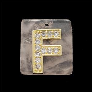 Rose Quartz Square Pendant With Copper Letter-F Pave Zirconia Gold Plated, approx 18mm