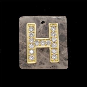 Rose Quartz Square Pendant With Copper Letter-H Pave Zirconia Gold Plated, approx 18mm