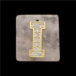 Rose Quartz Square Pendant With Copper Letter-I Pave Zirconia Gold Plated, approx 18mm