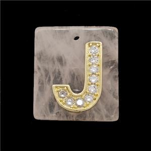 Rose Quartz Square Pendant With Copper Letter-J Pave Zirconia Gold Plated, approx 18mm