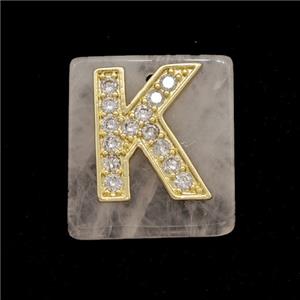 Rose Quartz Square Pendant With Copper Letter-K Pave Zirconia Gold Plated, approx 18mm