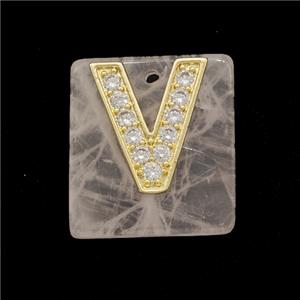 Rose Quartz Square Pendant With Copper Letter-V Pave Zirconia Gold Plated, approx 18mm