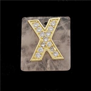 Rose Quartz Square Pendant With Copper Letter-X Pave Zirconia Gold Plated, approx 18mm