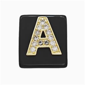 Black Obsidian Square Pendant With Copper Letter-A Pave Zirconia Gold Plated, approx 18mm