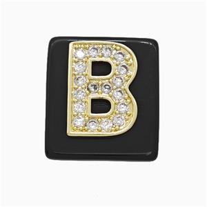 Black Obsidian Square Pendant With Copper Letter-B Pave Zirconia Gold Plated, approx 18mm