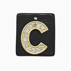 Black Obsidian Square Pendant With Copper Letter-C Pave Zirconia Gold Plated, approx 18mm