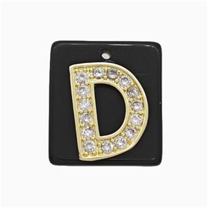 Black Obsidian Square Pendant With Copper Letter-D Pave Zirconia Gold Plated, approx 18mm