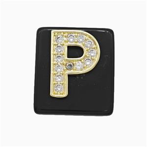 Black Obsidian Square Pendant With Copper Letter-P Pave Zirconia Gold Plated, approx 18mm