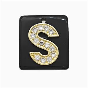 Black Obsidian Square Pendant With Copper Letter-S Pave Zirconia Gold Plated, approx 18mm