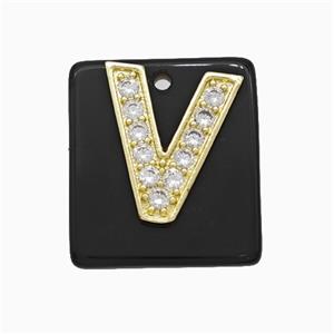 Black Obsidian Square Pendant With Copper Letter-V Pave Zirconia Gold Plated, approx 18mm