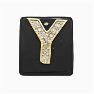Black Obsidian Square Pendant With Copper Letter-Y Pave Zirconia Gold Plated, approx 18mm