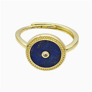 Copper Ring Pave Lapis Lazuli Blue Circle Adjustable Gold Plated, approx 13mm, 18mm dia