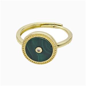 Copper Ring Pave Synthetic Malachite Green Circle Adjustable Gold Plated, approx 13mm, 18mm dia