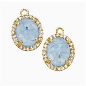Blue Dye Jade Oval Pendant Copper Pave Zirconia Gold Plated, approx 11-13mm