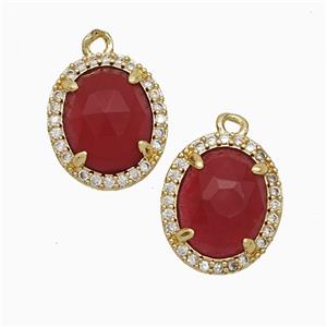 Red Dye Jade Oval Pendant Copper Pave Zirconia Gold Plated, approx 11-13mm