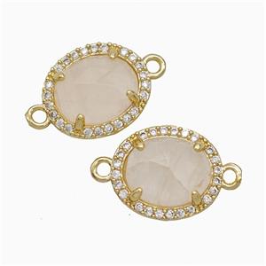 Pink Rose Quartz Oval Connector Copper Pave Zirconia Gold Plated, approx 11-13mm