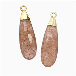 Natural Pink Strawberry Quartz Teardrop Pendant Faceted Gold Plated, approx 10-30mm