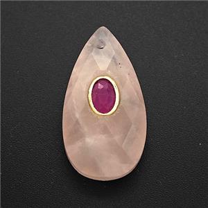 Pink Rose Quartz Teardrop Pendant Pave Zirconia Faceted, approx 13-25mm