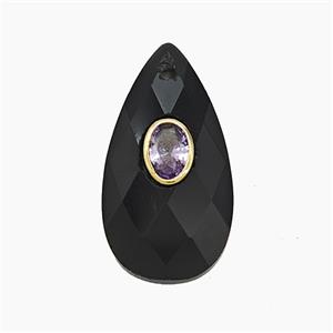 Black Obsidian Teardrop Pendant Pave Zirconia Faceted, approx 13-25mm