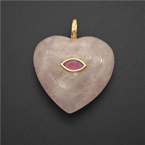 Pink Rose Quartz Heart Pendant Pave Zirconia Eye, approx 25mm