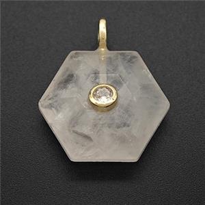 Clear Crystal Quartz Hexagon Pendant Pave Zirconia, approx 17-19mm