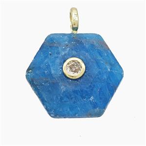 Blue Apatite Hexagon Pendant Pave Zirconia, approx 17-19mm