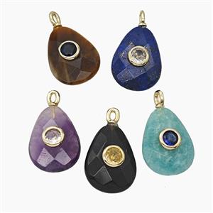 Natural Gemstone Teardrop Pendant Pave Zirconia Flat Faceted Mixed, approx 12-16mm