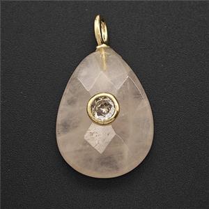 Natural Pink Rose Quartz Teardrop Pendant Pave Zirconia Faceted, approx 15-20mm