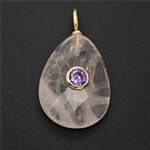 Natural Rose Quartz Teardrop Pendant Pave Zirconia Faceted, approx 15-20mm