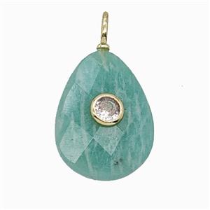 Natural Green Amazonite Teardrop Pendant Pave Zirconia Faceted, approx 15-20mm