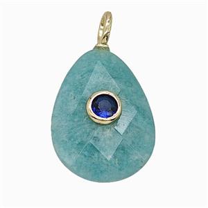 Natural Green Amazonite Teardrop Pendant Pave Zirconia Faceted, approx 15-20mm