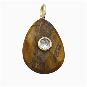 Natural Tiger Eye Stone Teardrop Pendant Pave Zirconia Faceted, approx 15-20mm