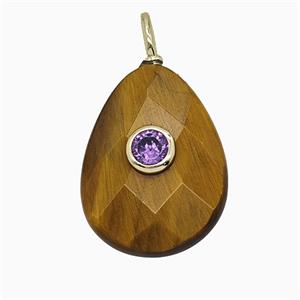 Natural Tiger Eye Stone Teardrop Pendant Pave Zirconia Faceted, approx 15-20mm