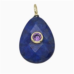 Natural Blue Lapis Lazuli Teardrop Pendant Pave Zirconia Faceted, approx 15-20mm
