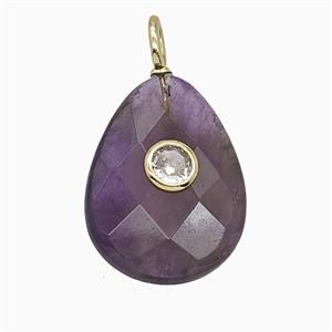 Natural Purple Amethyst Teardrop Pendant Pave Zirconia Faceted, approx 15-20mm