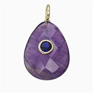 Natural Purple Amethyst Teardrop Pendant Pave Zirconia Faceted, approx 15-20mm