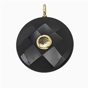 Natural Black Obsidian Circle Pendant Pave Zirconia Faceted, approx 25mm